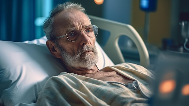 Homem idoso deitado em uma cama de hospital e olhando para a câmera homem velho com cabelos grisalhos e óculos