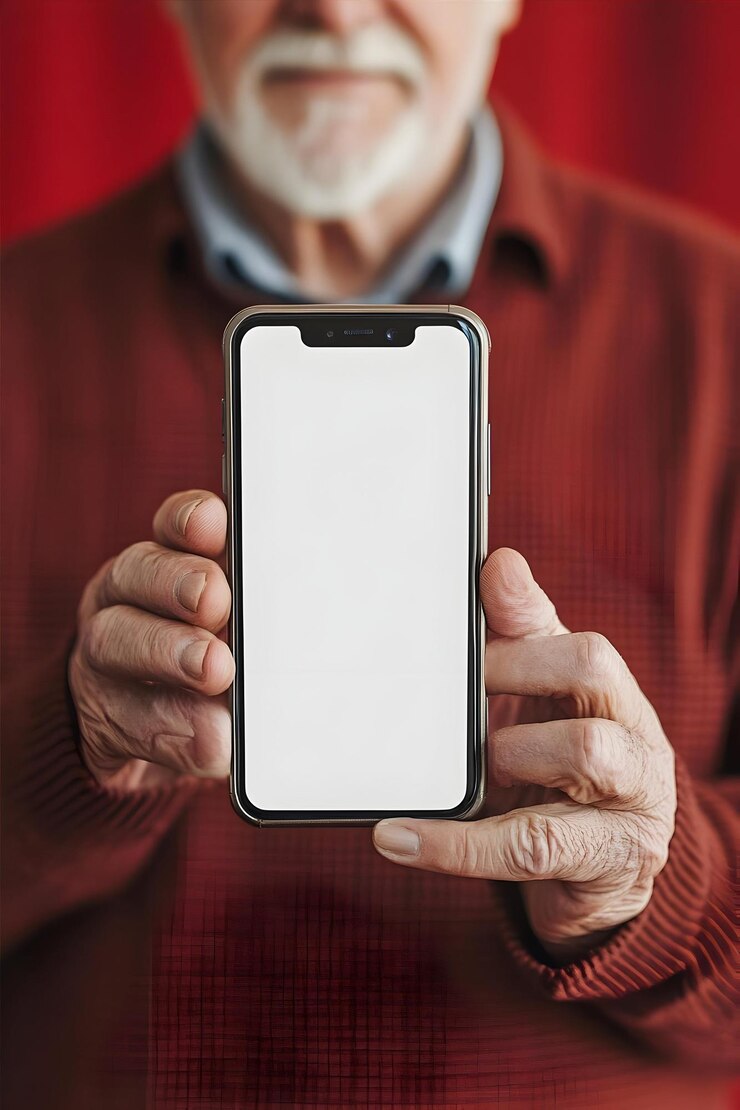 Homem idoso desfocado mostrando telefone móvel com tela branca em branco contra