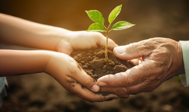 Homem idoso e criança plantando uma pequena árvore close-up de mãos Conceitos de ecologia