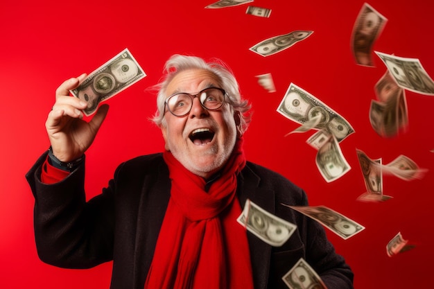 Homem idoso e dinheiro voador em fundo vermelho do estúdio
