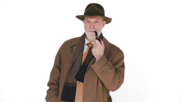 Homem idoso elegante com um cachimbo de fumar tira o chapéu em um fundo branco