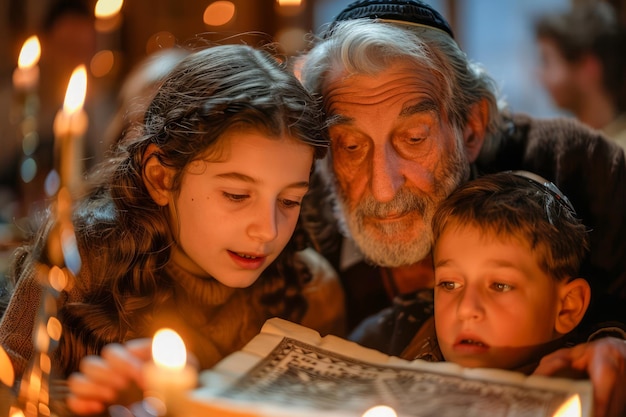 Homem idoso em trajes tradicionais judaicos lendo o texto sagrado com duas crianças pequenas à luz de velas
