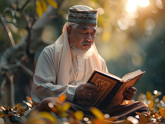 Homem idoso em trajes tradicionais lendo um livro sagrado à luz serena da floresta