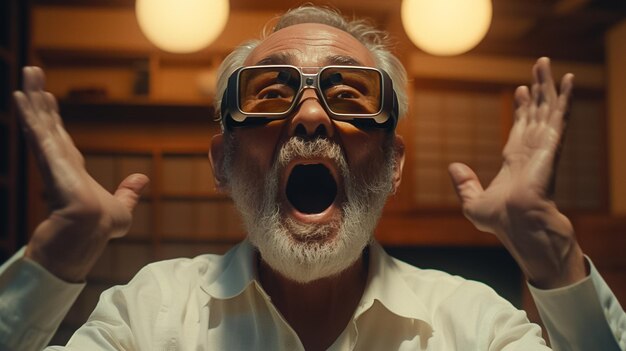 Foto homem idoso emocionalmente alegre surpreendido com óculos de sol de realidade virtual