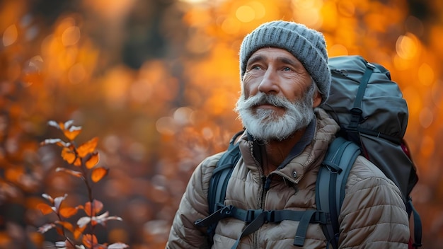 Homem idoso encontra alegria em fazer caminhadas para a saúde física, bem-estar e conservação da natureza Conceito de caminhadas Estilo de vida de idosos Saúde física Bem-estar Conservação da natureza