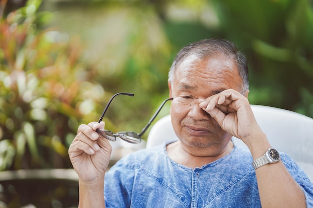 Homem idoso esfregando os olhos enquanto segura os óculos devido ao uso excessivo dos olhos, causando irritação.