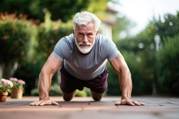 Homem idoso fazendo flexões no jardim