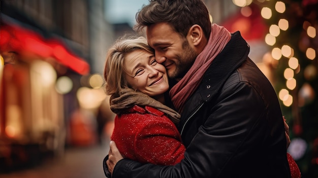 homem idoso feliz abraçando mulher com presente de Natal foto criada com tecnologia Generative Al