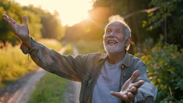 Homem idoso feliz com a vida de liberdade