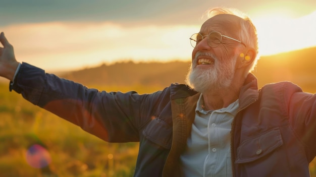 Homem idoso feliz com a vida de liberdade