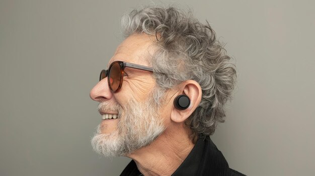 Homem idoso feliz com cabelo cinzento enrolado, óculos de sol e fones de ouvido pretos a olhar para longe.