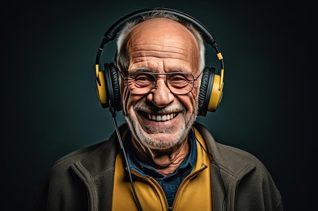 Homem idoso feliz com fones de ouvido sem fios