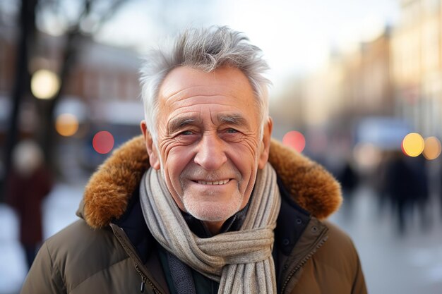 Homem idoso feliz em um fundo diurno brilhante na cidade