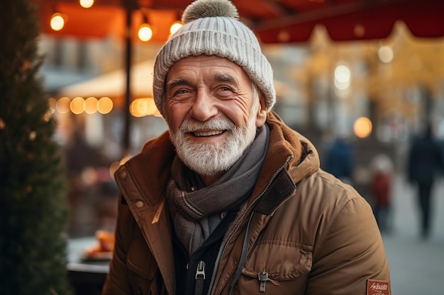 Homem idoso feliz em um fundo diurno brilhante na cidade