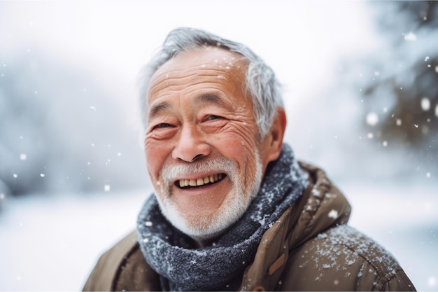 Foto homem idoso feliz na neve de inverno com copyspace