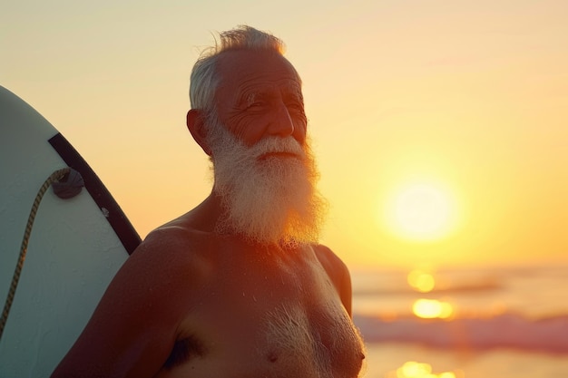 Foto homem idoso gosta de surfar ao pôr-do-sol para um estilo de vida saudável