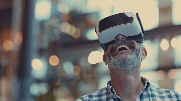 Homem idoso imerso na realidade virtual explorando um novo mundo de tecnologia com excitação