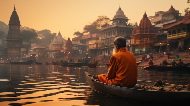 Foto homem idoso meditando em um barco em varanasi ao nascer do sol com a paisagem da cidade antiga