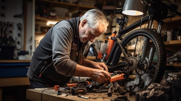 Homem idoso mudando a bateria de uma bicicleta elétrica