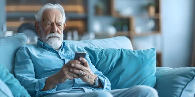 Foto homem idoso no sofá segurando um smartphone simbolizando a desconexão com a tecnologia para idosos conceito envelhecimento tecnologia gap cidadãos idosos divisão digital smartphone disconnect