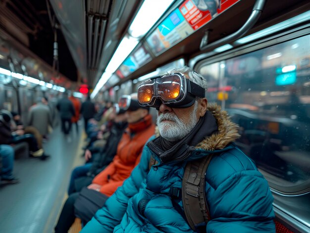 Homem idoso óculos de realidade virtual metrô futuro gerado por AI