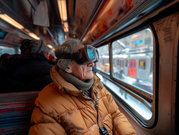 Homem idoso óculos de realidade virtual metrô futuro gerado por AI