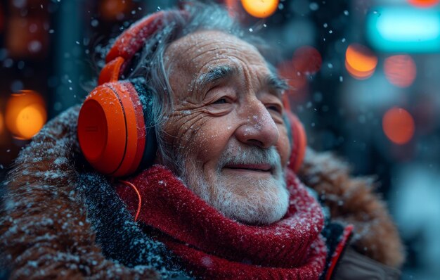 Homem idoso ouvindo música em fones de ouvido na cidade à noite Homem mais velho rindo enquanto usa fones de ouvir e ouve música