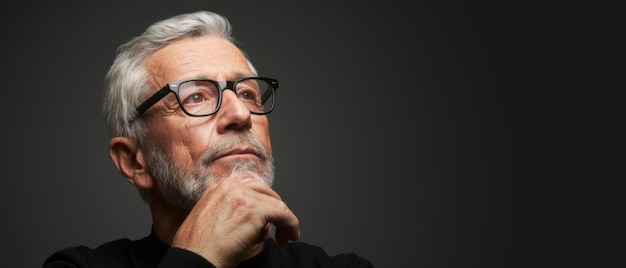 Homem idoso pensativo com óculos olhando para cima em pensamentos profundos em um fundo cinzento