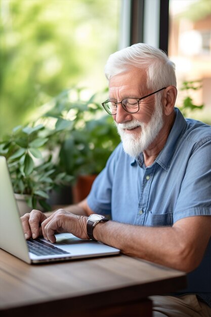 Foto homem idoso progressista trabalhando em um laptop perto da janela freelancer trabalho remoto