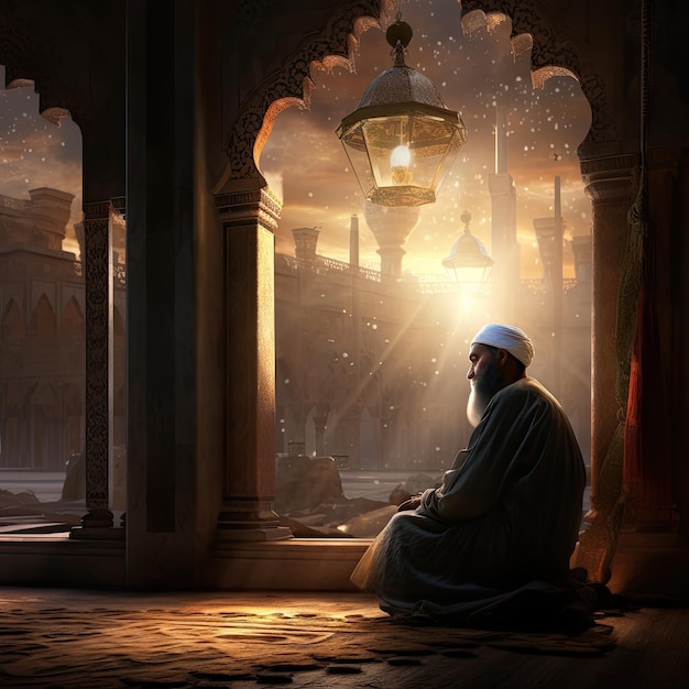 Homem idoso refletindo em um pátio árabe ornamentado ao pôr do sol
