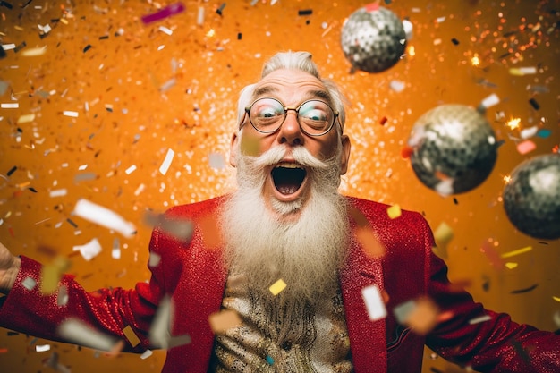 Homem idoso se divertindo fazendo festa durante as férias com confeti