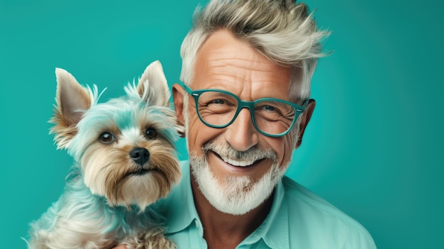 Homem idoso segura um cachorrinho em seus braços em fundo azul