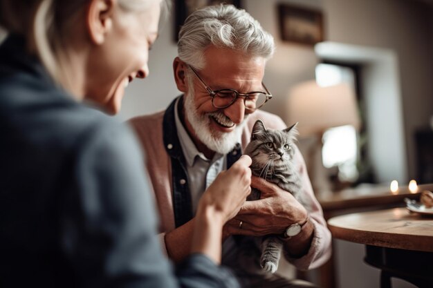 Homem idoso segurando um gato e sorrindo