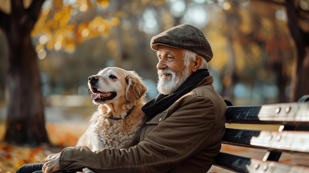 Homem idoso sentado em um banco com um cachorro no parque de outono