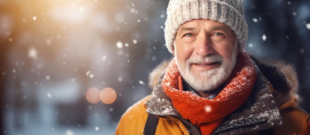 Homem idoso sorridente ao ar livre em trajes de inverno