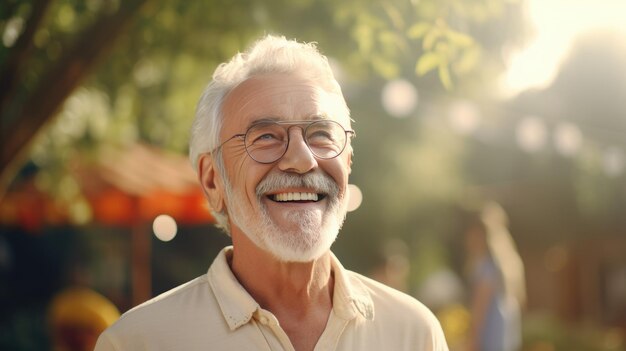 Foto homem idoso sorridente e feliz sentado no jardim