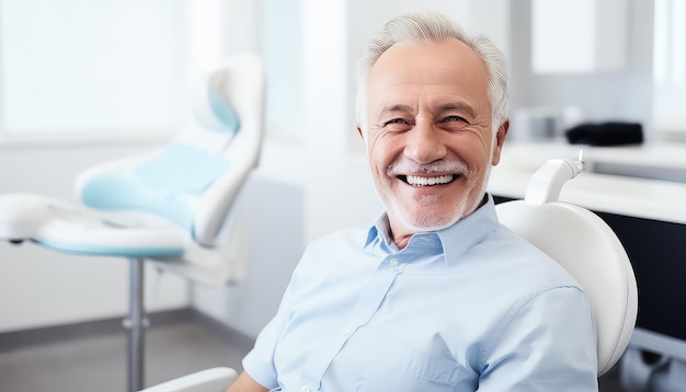 homem idoso sorridente está sentado em sua cadeira de dentista