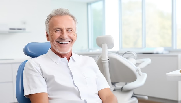 homem idoso sorridente está sentado em sua cadeira de dentista