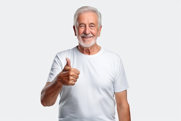 Foto homem idoso sorridente mostra um símbolo de 