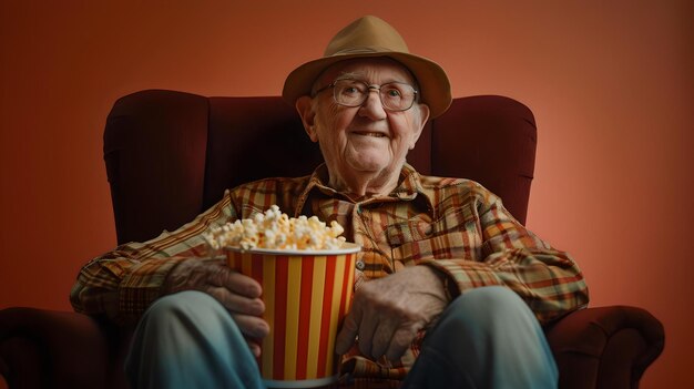 Homem idoso sorrindo com pipocas no cinema atividade de lazer casual prazer sênior capturado momento de alegria AI