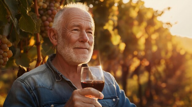 Homem idoso sorrindo com stemware na mão em um evento de vinha