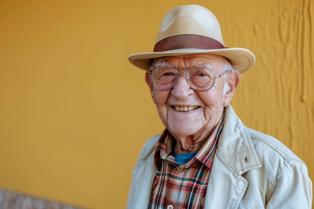 Homem idoso sorrindo para a câmera usando um chapéu e óculos com um fundo amarelo