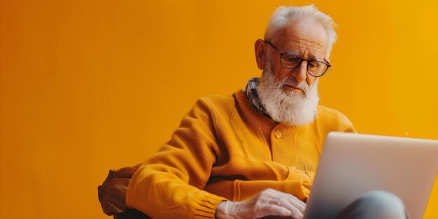 Foto homem idoso usando laptop em fundo amarelo vibrante à luz do dia tecnologia de conceito adultos idosos estilo de vida cores brilhantes durante o dia