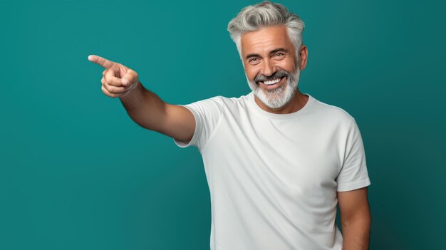 Foto homem idoso vestindo camiseta branca apontando com a mão e o dedo para o lado olhando para a câmera.