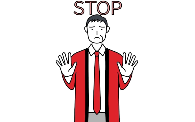 Homem idoso vestindo um casaco vermelho happi com as mãos estendidas na frente de seu corpo sinalizando uma parada