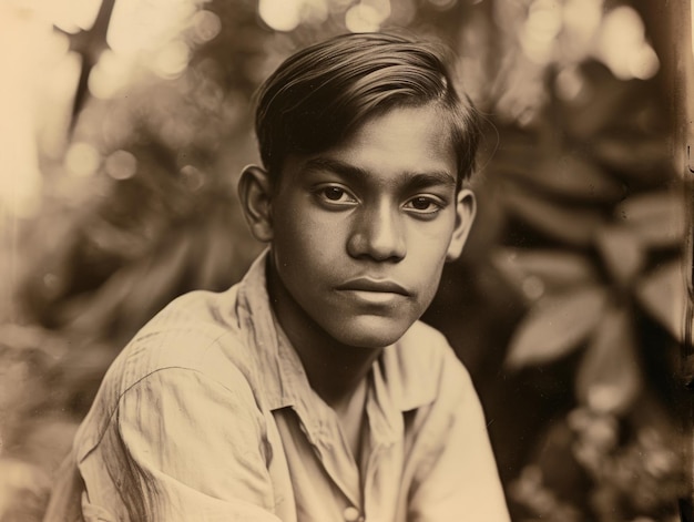 Homem indiano adolescente fotorrealista com ilustração vintage de cabelo liso castanho