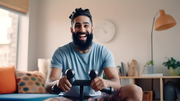 Foto homem indiano alegre em cadeira de rodas segurando laptop nos joelhos enquanto permanece no meiogenerated ai