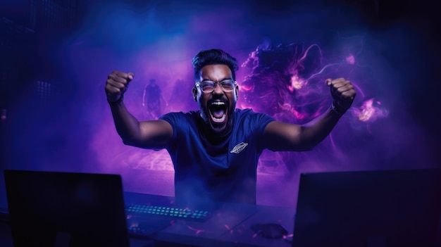 Foto homem indiano feliz em fundo de estúdio de néon ultravioleta campeão de codificação nível de realização