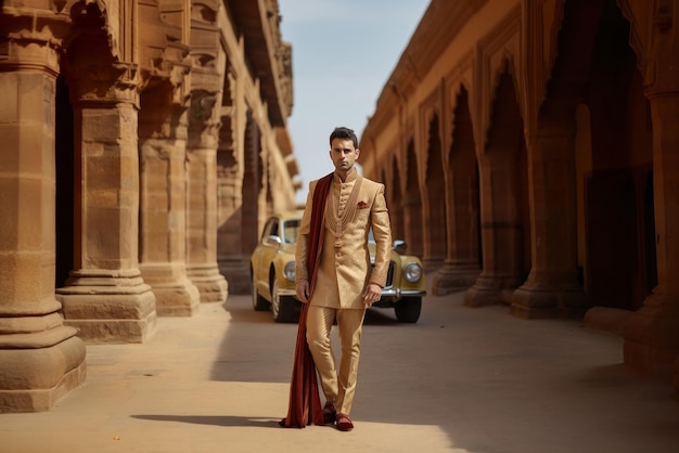 Homem indiano modelo de moda em roupas tradicionais ou kurta roupas de pijama sherwani posando para foto