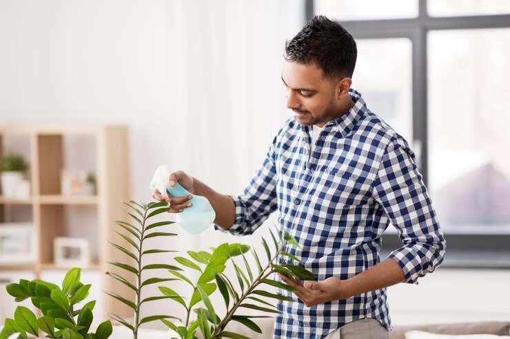 Foto homem indiano pulverizando planta de casa com água em casa
